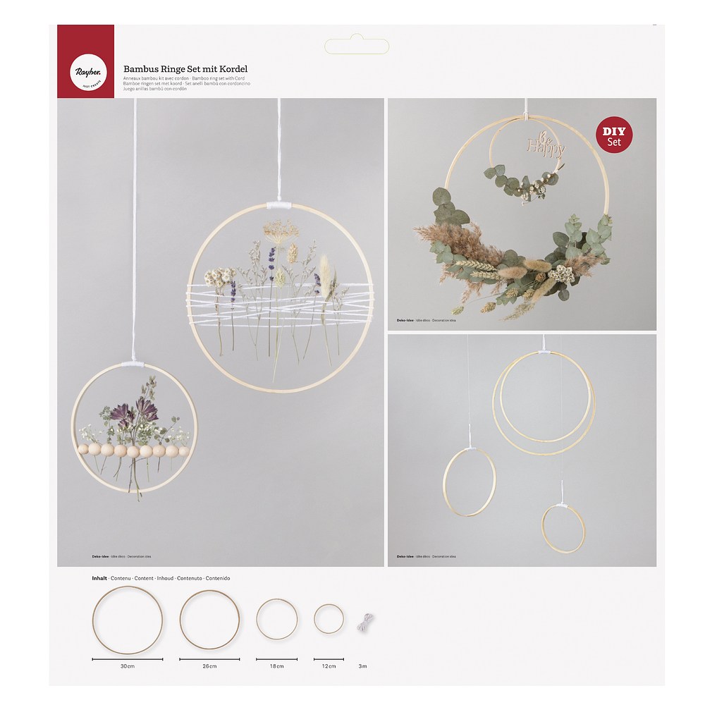 Bambus Ringe Set mit Kordel, 12-30 cm ø