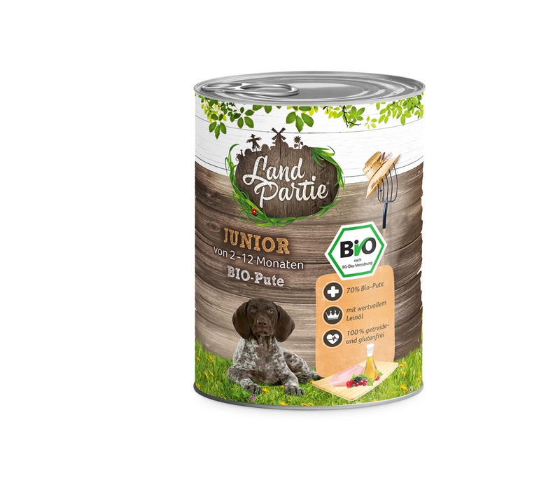 LandPartie Nassfutter Junior mit Pute 800g – Bio